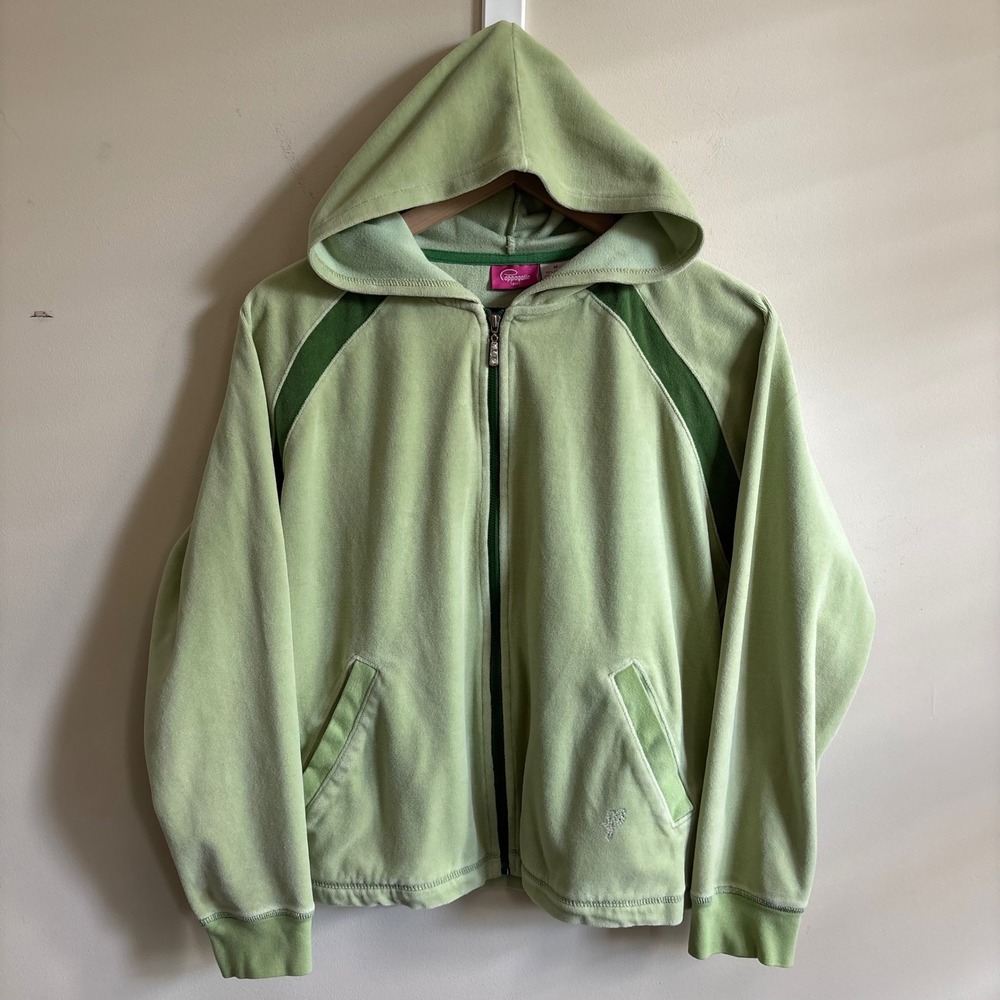 Pappagallo Sport Velour Zip Up Hoodie Lime Green Rhinestone Y2K Medium